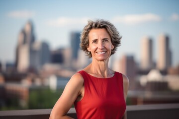 Obraz premium Pet portrait photography of a pleased woman in her 40s wearing a simple tunic against a cityscape background. Generative AI