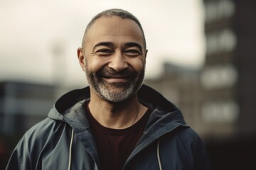 Portrait of a smiling middle-aged man on the street.