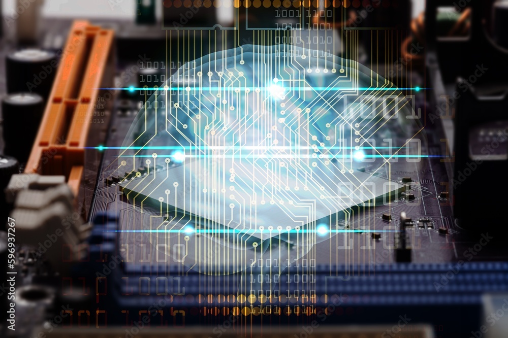 Poster advanced high-tech circuit board processor microchip and brain