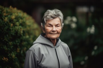 Naklejka na ściany i meble Portrait of an elderly woman in a gray hoodie in the park