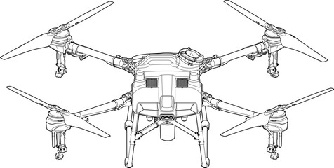Drone Agro Quadrocopter. Line Stroke. Drone Vector Isolated. White Background. R2023003
