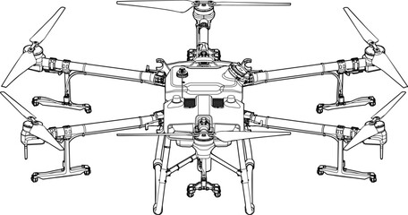 Drone Agro Quadrocopter. Line Stroke. Drone Vector Isolated. White Background. R2023002