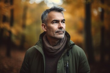 Portrait of a middle-aged man in the autumn forest.