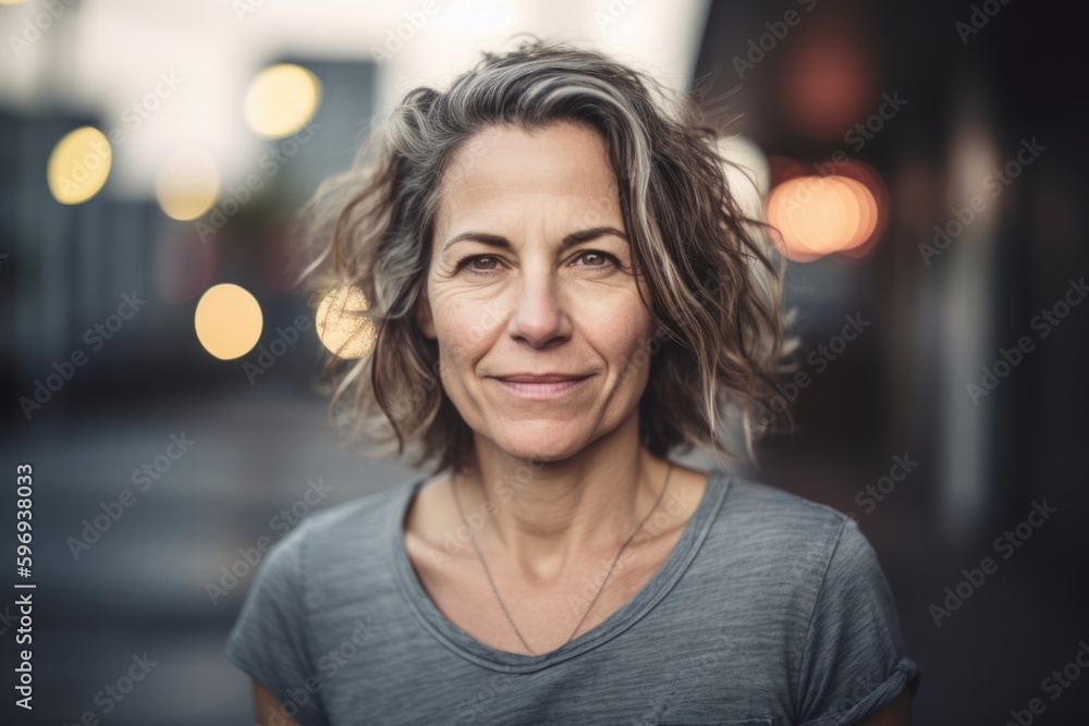 Wall mural Portrait of a beautiful middle-aged woman in a city.