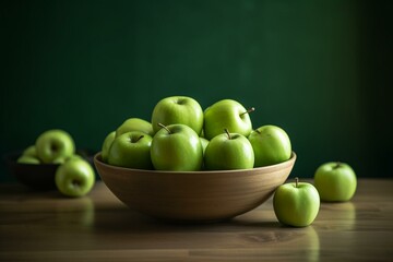 Fototapeta na wymiar A bowl of green apples on a table with a green background and a white border. Generative AI