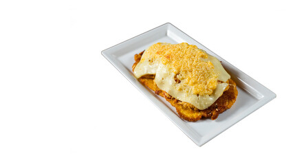 Fried patacon with shredded chicken with cheese - Colombian street food