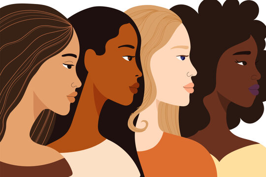 diverse women faces in profile, colorful clip art preview