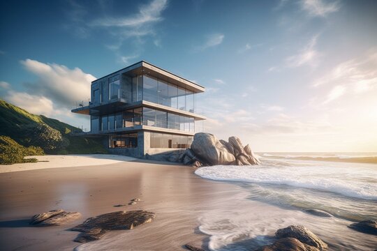A contemporary beachfront mansion with ocean outlook. 3D image of contemporary holiday home outer shell. Generative AI