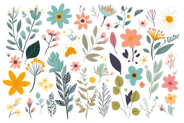 Beautiful set with vector spring flowers set collection on white background , Colorful flower branches isolated, generative AI