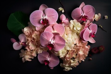 Obraz na płótnie Canvas A pink orchid and hydrangea arrangement photographed from above. Generative AI