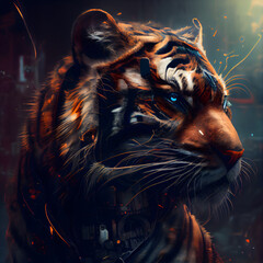 Tiger in the fire. 3D illustration. Fire and smoke.