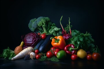 Obraz na płótnie Canvas Muscular veggies on dark blue - healthy. Generative AI