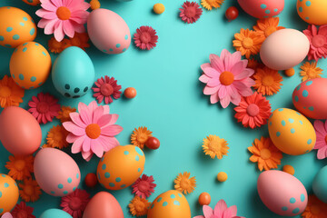 Fototapeta na wymiar Happy easter day celebration concept, Colorful Easter eggs and flowers background, generative Ai