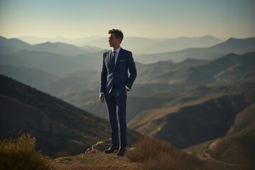Fototapeta premium Businessman standing on top of a mountain and looking into the distance