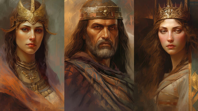 Fantasy world, portraits of royalty, oil paintings, digital illustrations, AI generated