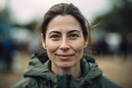 Close-up portrait photography of a satisfied woman in her 30s wearing a comfortable tracksuit against a farm market or harvest background. Generative AI