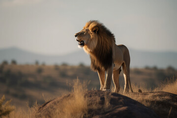 Obraz na płótnie Canvas King of Lion roaring looking regal standing on small hill, generative AI