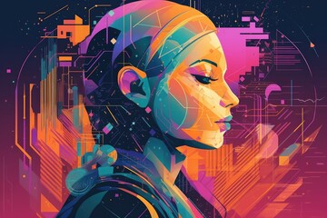 Abstract and retro futuristic robot woman illustration with multiple color laser neon effect. Generative AI