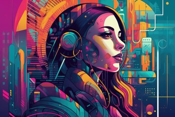 Abstract and retro futuristic robot woman illustration with multiple color laser neon effect. Generative AI