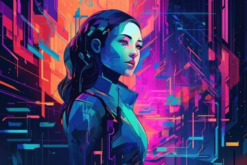 Obraz premium Abstract and retro futuristic robot woman illustration with multiple color laser neon effect. Generative AI