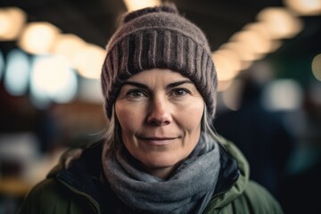 Portrait of senior woman wearing warm hat and scarf at Christmas market