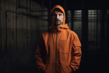 Studio portrait photography of a satisfied man in his 30s wearing a comfortable tracksuit against a construction site or work zone background. Generative AI