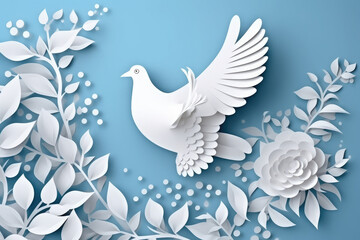 Paper cut style , Paper art of International Peace Day , White pigeon flying with flowers on blue background, generative AI