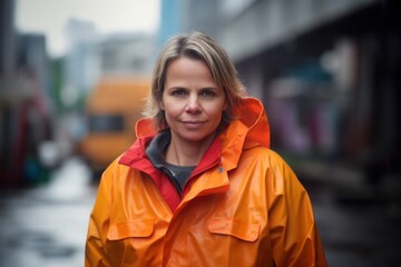 Fototapeta premium Portrait of a woman in an orange raincoat in the city