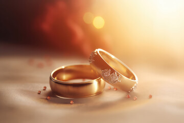 Wedding Rings of love and romance dreamy pastel background , red hearts valentine days , greetings cards congratulations, generative AI