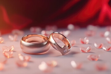 Wedding Rings of love and romance dreamy pastel background , red hearts valentine days , greetings cards congratulations, generative AI