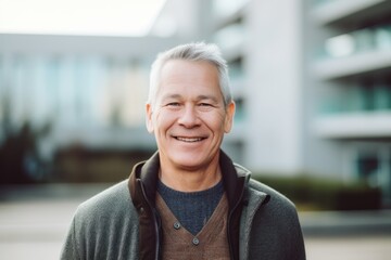 Portrait of smiling senior man with grey hair standing outdoors in city