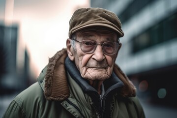 Portrait of an old man with glasses and a cap in the city