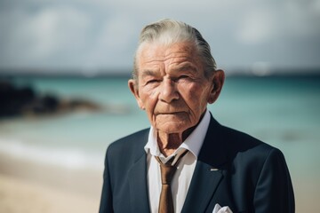 Portrait of senior man in suit on the beach. Retirement concept.