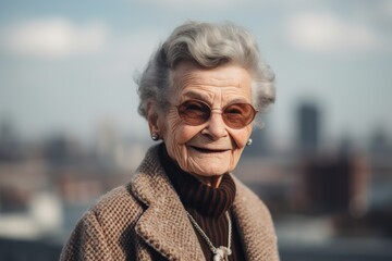 Portrait of an elderly woman on a background of the city.