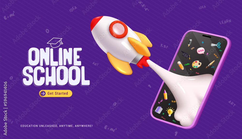 Poster online school vector design. e-learning course web site home page with mobile phone and rocket ship 