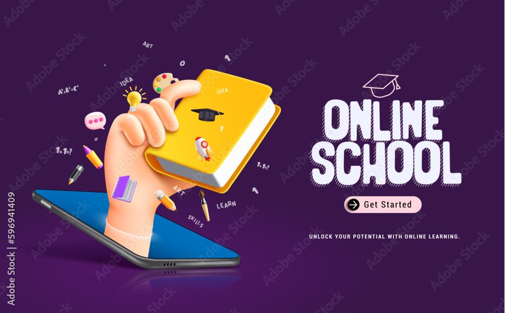 Poster online school text vector concept design. back to school e learning course in mobile phone and table