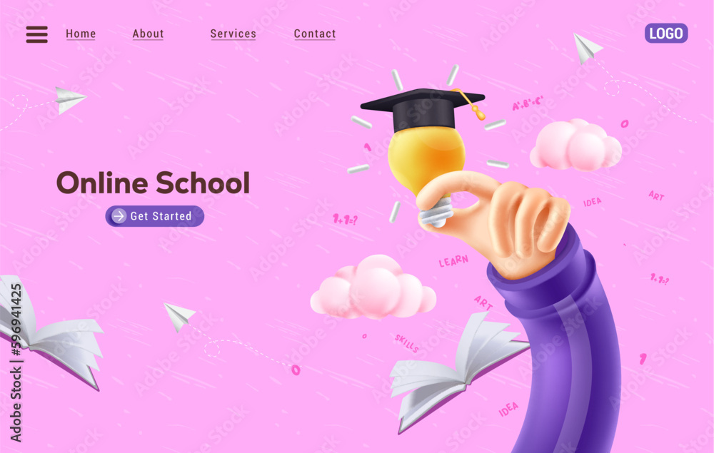Poster online school website vector concept. web site home page layout for distance e-learning course educa