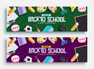 Back to school vector banner set design. Back to school greeting text with kids educational supplies and elements. Vector illustration promotion advertisement collection.  