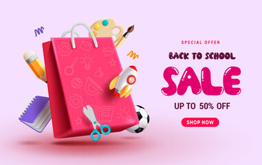 School sale vector banner design. Back to school text in empty space with pink shopping bag elements. Vector illustration educational promo banner. 