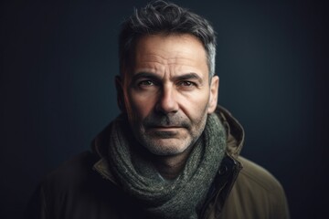 Fototapeta premium Portrait of a middle-aged man in a jacket and scarf