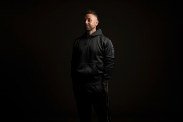 Portrait of a man in a black hoodie on a black background