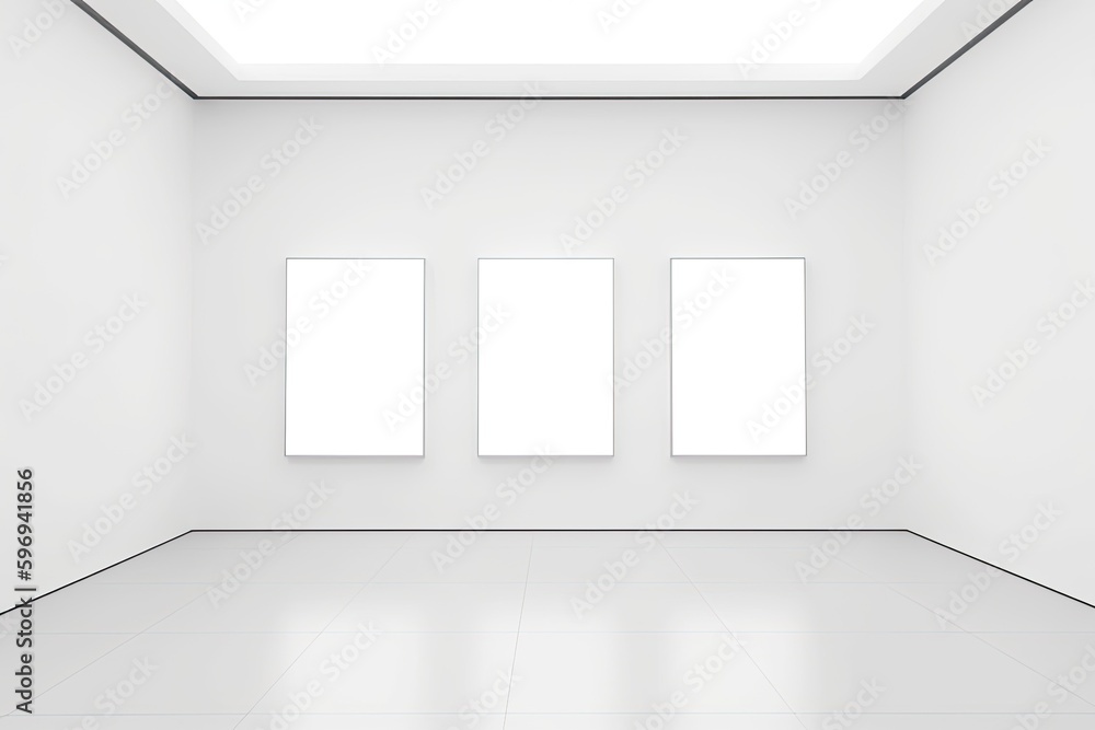 Poster an empty room with minimalistic design featuring four windows and a white floor. generative ai