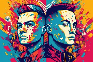 Illustration of gay couple, LGBTI and pride month awareness in colorful rainbow style with Generative AI