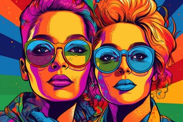 Illustration of lesbian couple, LGBTI and pride month awareness in colorful rainbow style with Generative AI