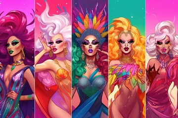 Fototapeta premium Men dressed up as a woman on colorful background, Drag queen illustration for Pride month. Generative AI