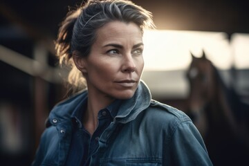 Fototapeta premium Portrait of a beautiful brunette woman with long hair wearing jeans jacket in the stable