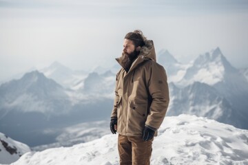 Fototapeta na wymiar Handsome young man with beard and moustache standing on top of a snowy mountain and looking away