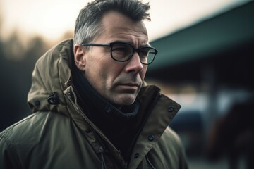 Portrait of a handsome middle-aged man in a warm jacket and glasses
