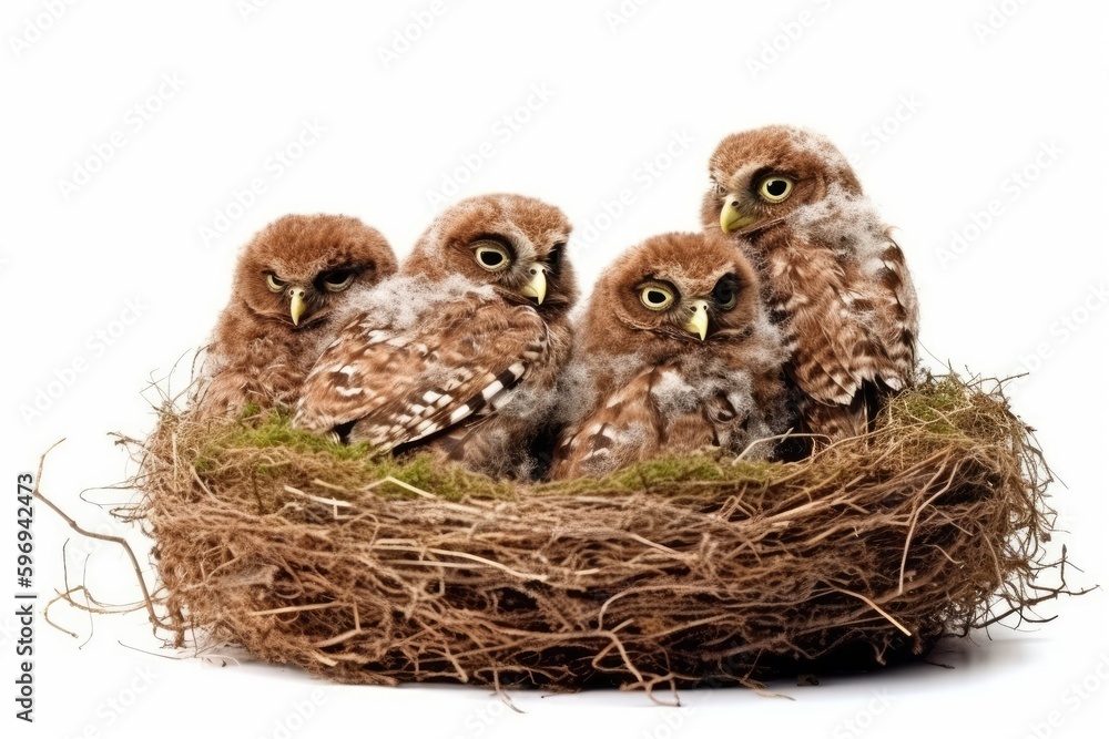 Poster group of owls perched on a nest in a tree. generative ai