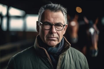 Obraz premium Portrait of a handsome senior man wearing eyeglasses standing in a stable.